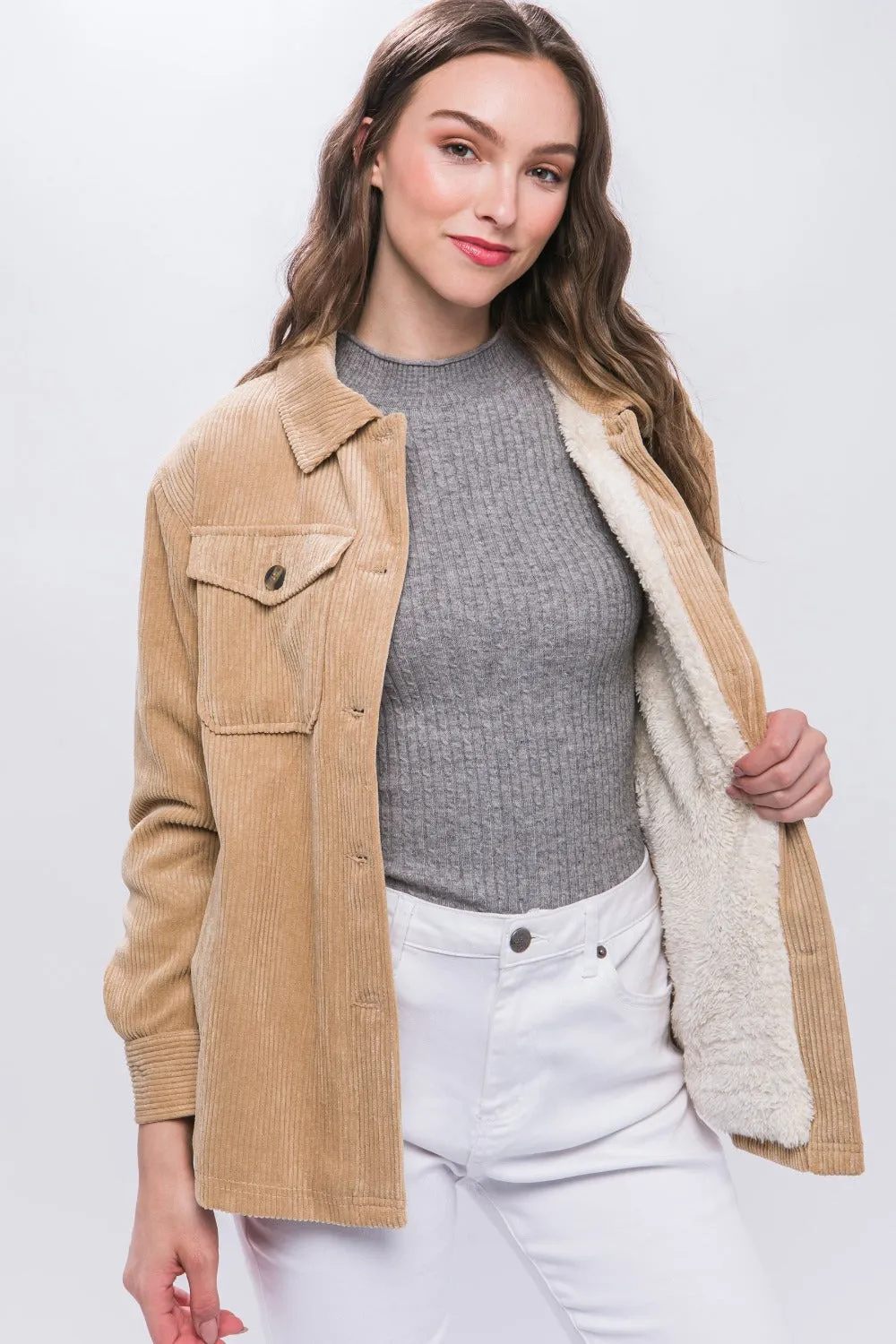 Beige Corduroy Button Up Jacket with Sherpa Inside