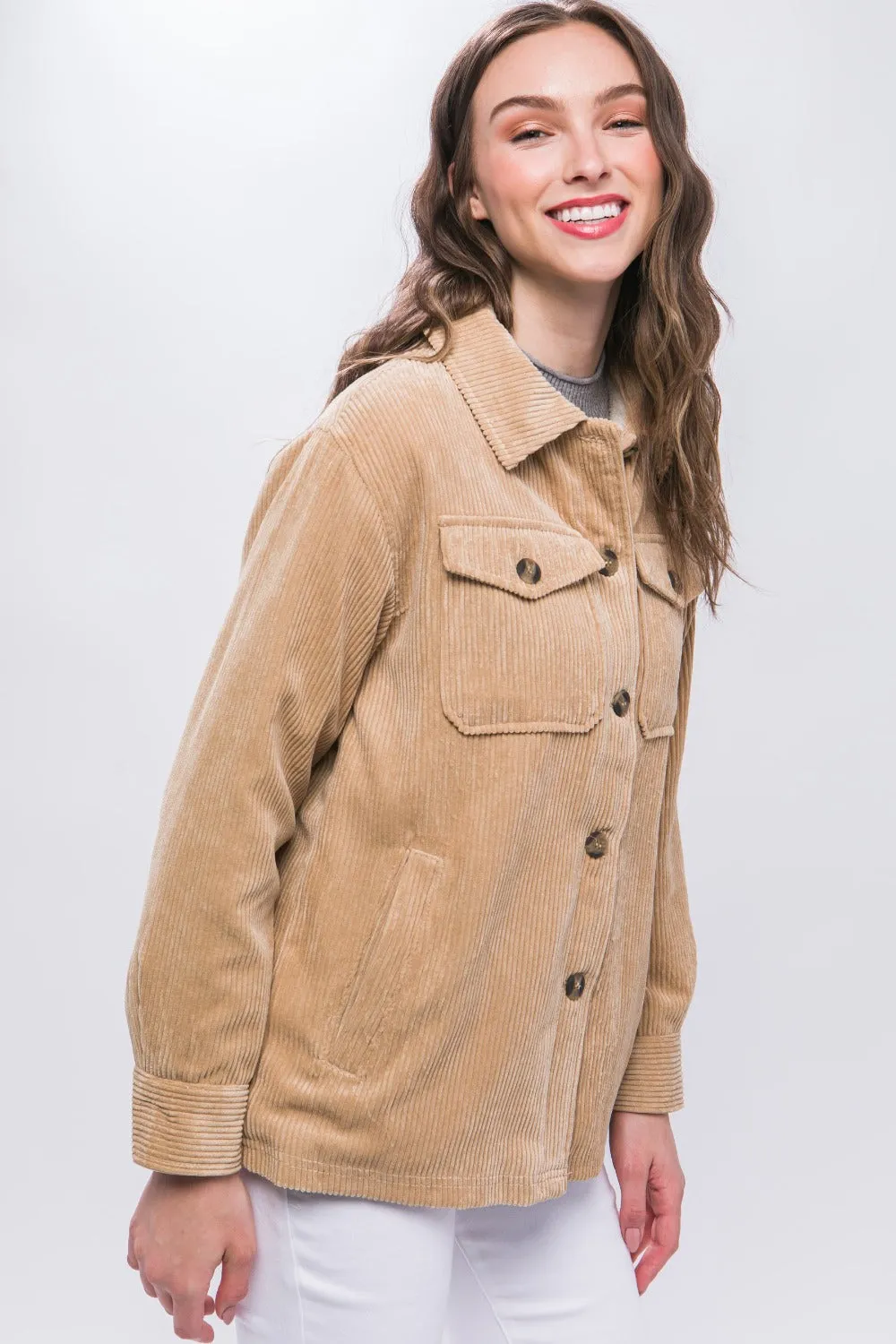 Beige Corduroy Button Up Jacket with Sherpa Inside