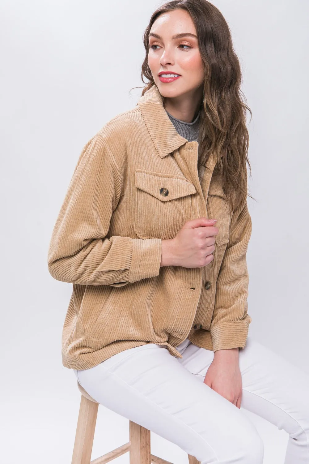 Beige Corduroy Button Up Jacket with Sherpa Inside