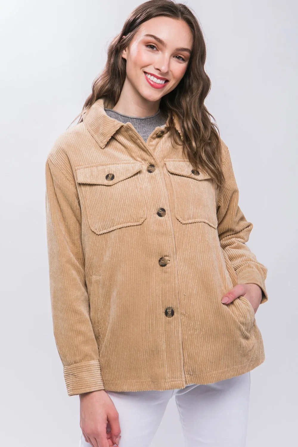 Beige Corduroy Button Up Jacket with Sherpa Inside