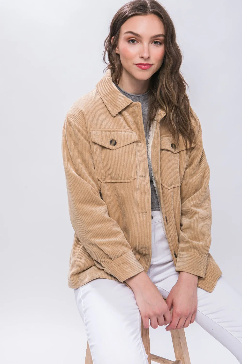 Beige Corduroy Button Up Jacket with Sherpa Inside