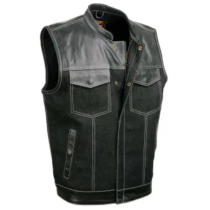 Black MDM3006 Men's 'Brute' Black Denim and Black Leather Club Style Vest w/ Hidden Dual Closure