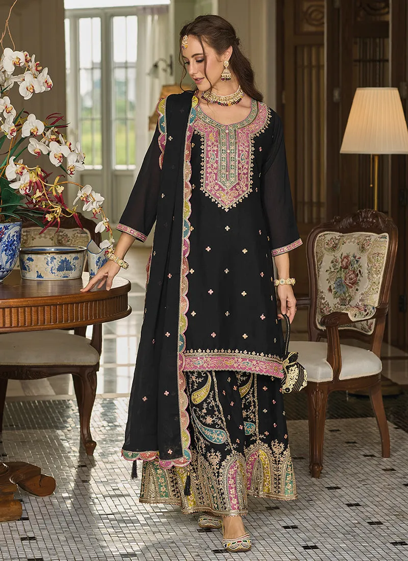 Black Resham Thread Multi Embroidery Palazzo Suit