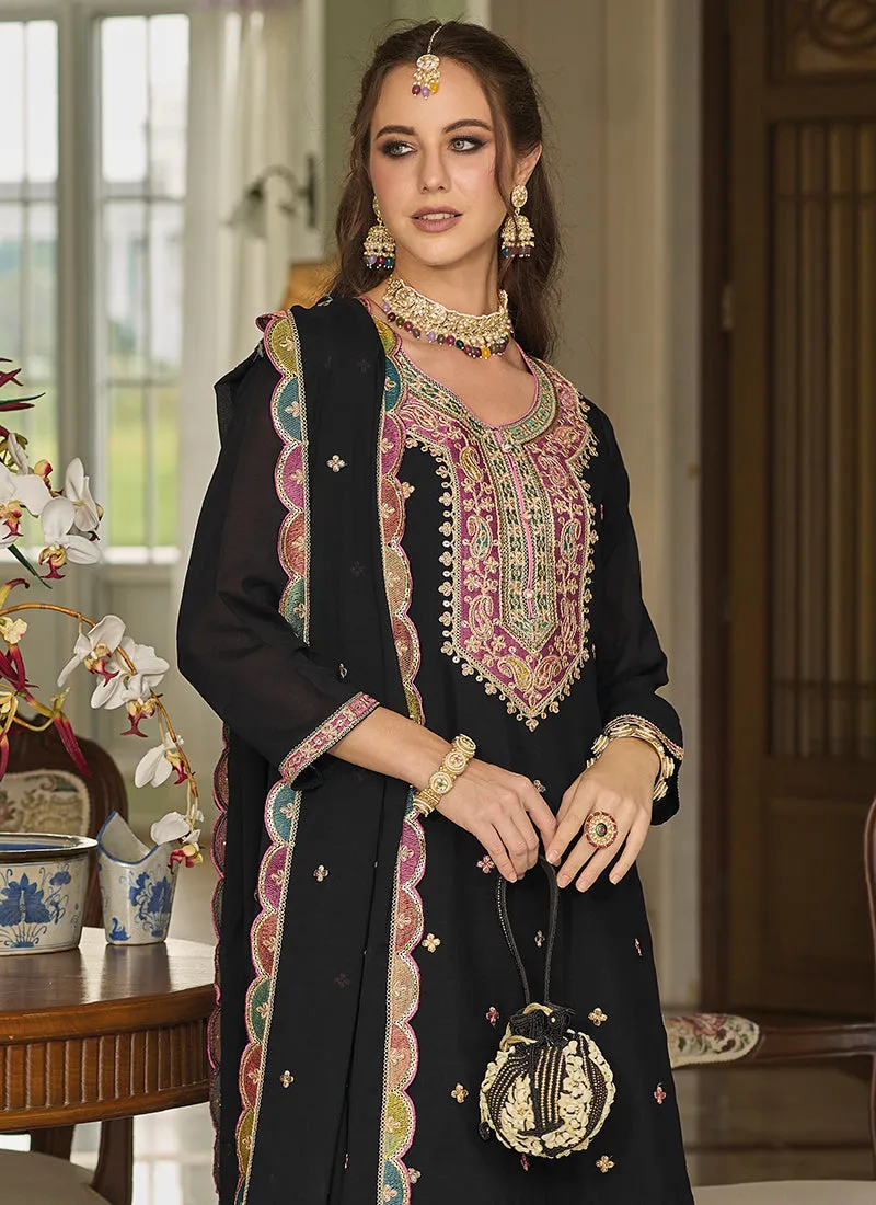 Black Resham Thread Multi Embroidery Palazzo Suit