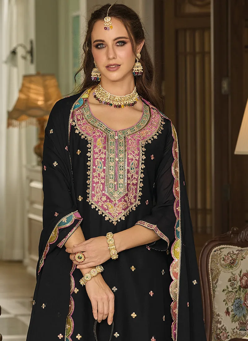 Black Resham Thread Multi Embroidery Palazzo Suit