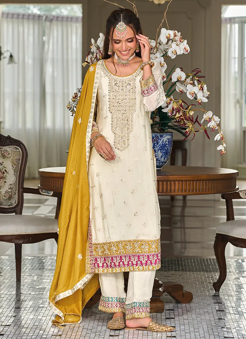 Cream White And Yellow Multi Embroidery Traditional Salwar Suit