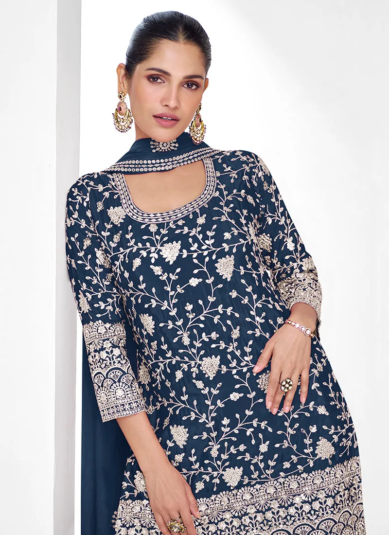 Dark Blue Traditional Embroidery Festive Gharara Suit