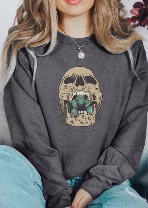 Dark Gray Turquoise Skull Pullover Sweatshirt