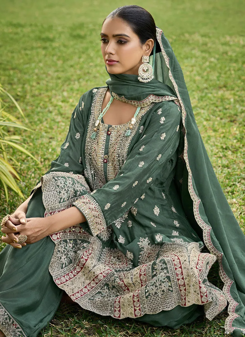 Dark Green Multi Embroidery Sharara Style Suit