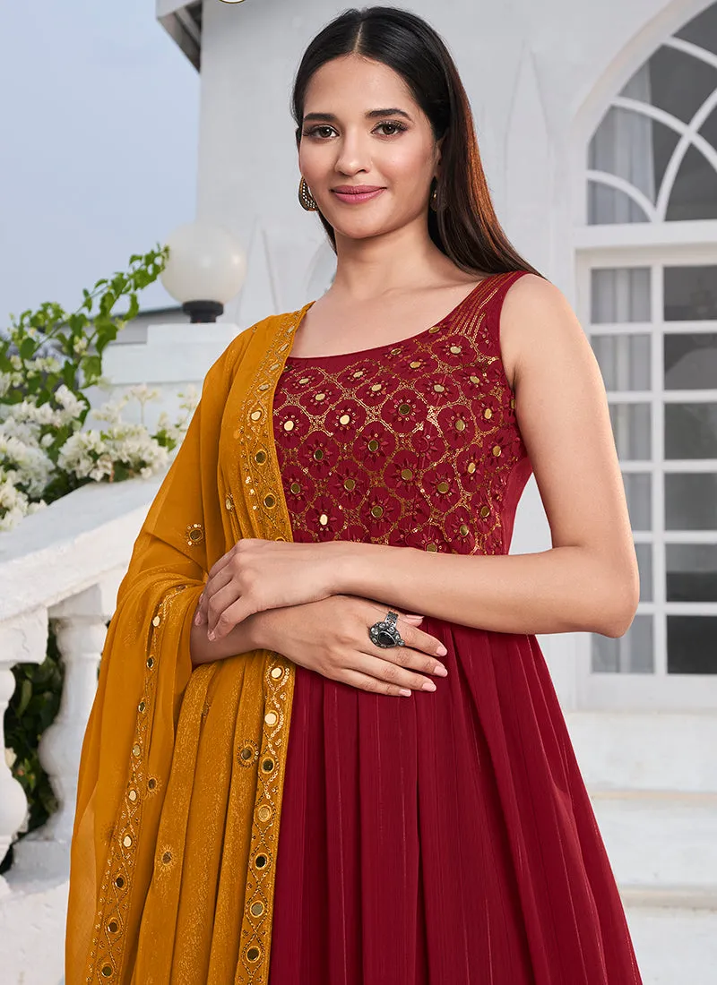 Deep Red Embroidery High Slit Anarkali Suit