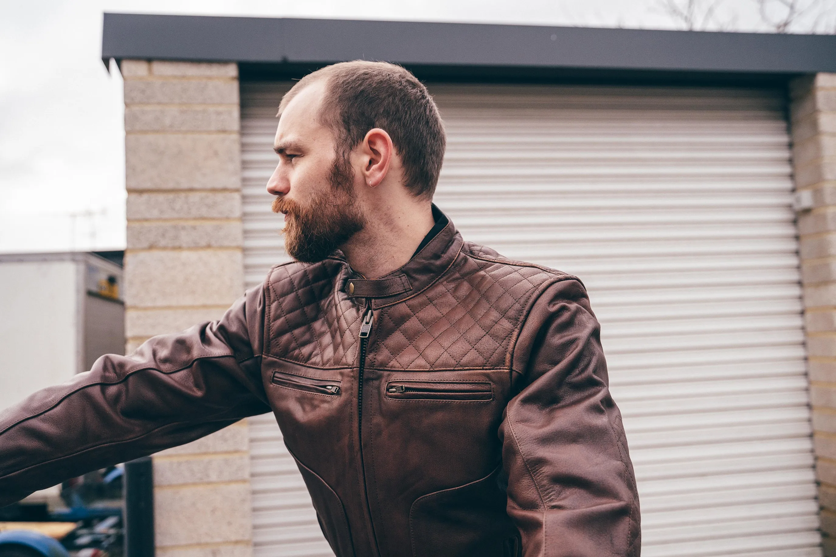 Diamond Stitched Brown Leather Motorcycle Jacket