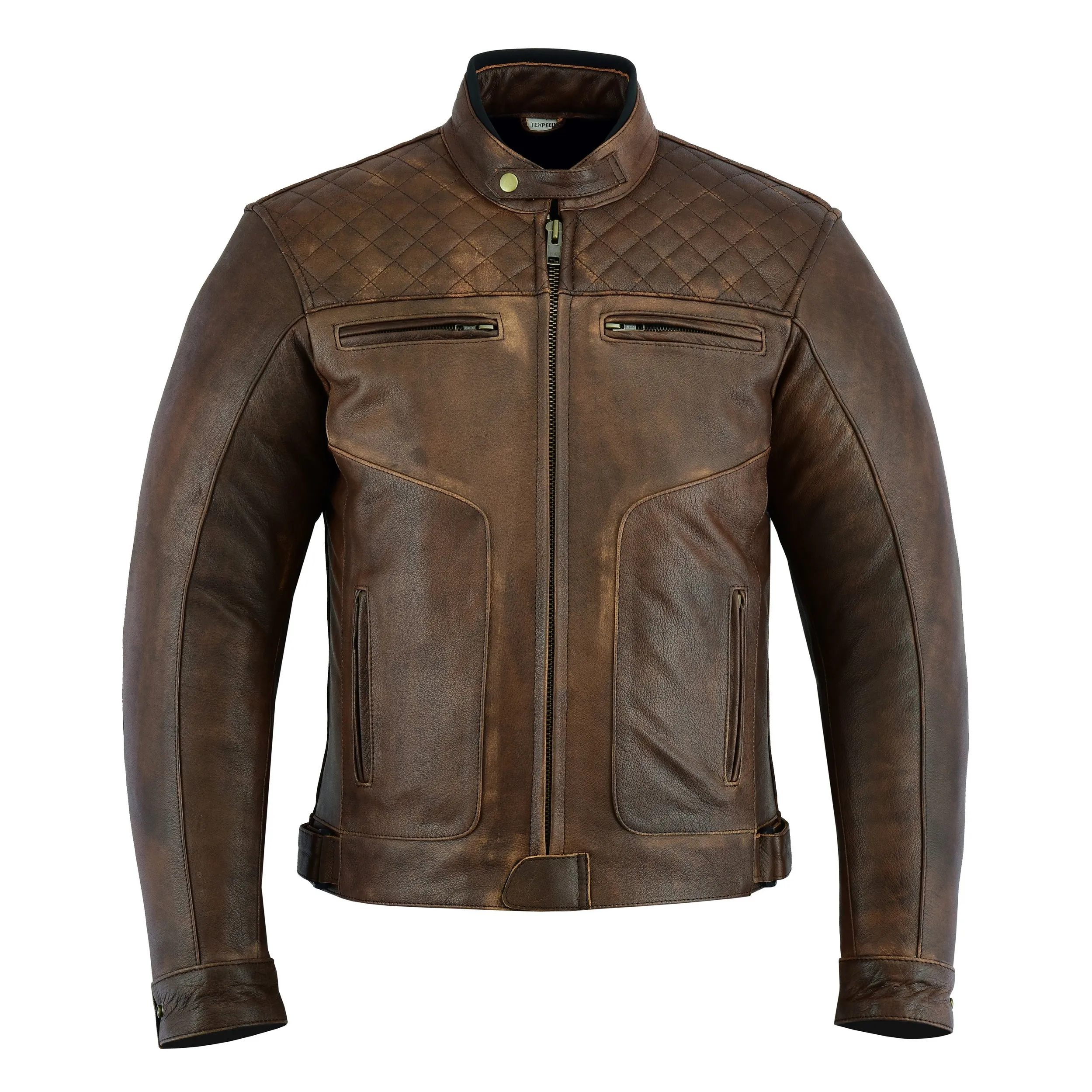 Diamond Stitched Brown Leather Motorcycle Jacket