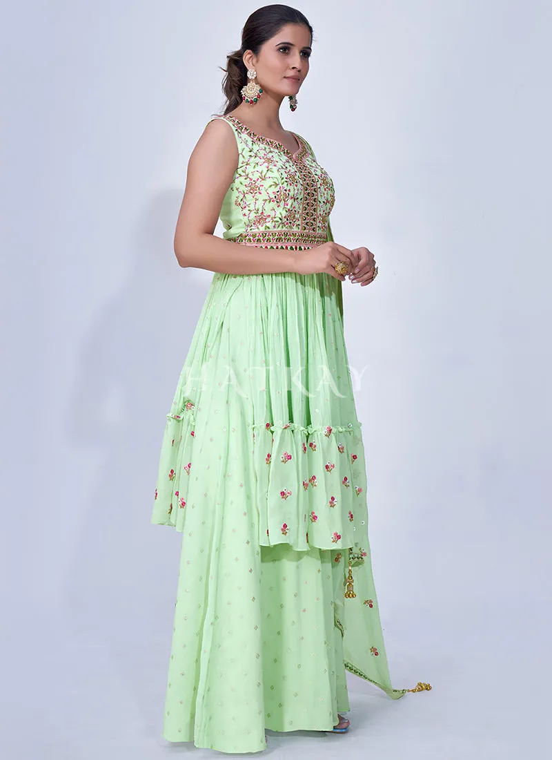 Green Mirror Work Multi Embroidery Chiffon Palazzo Suit