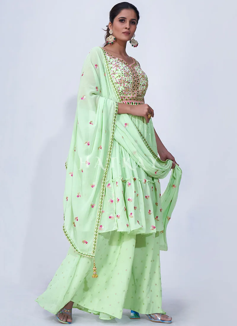 Green Mirror Work Multi Embroidery Chiffon Palazzo Suit