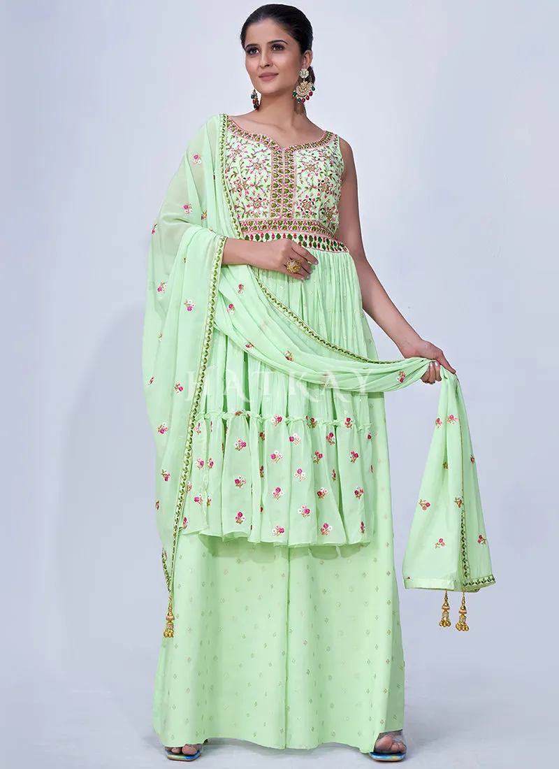 Green Mirror Work Multi Embroidery Chiffon Palazzo Suit