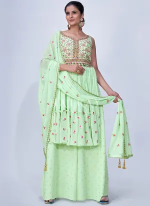 Green Mirror Work Multi Embroidery Chiffon Palazzo Suit