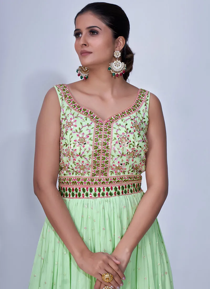 Green Mirror Work Multi Embroidery Chiffon Palazzo Suit