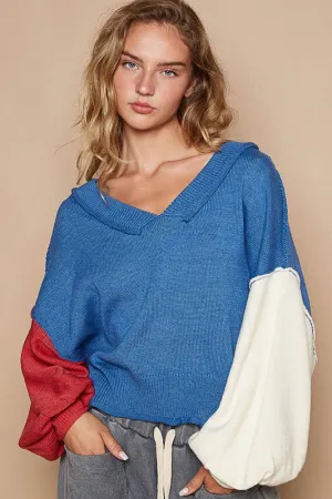 Hazel Blues® |  POL Exposed Seam Contrast V-Neck Lantern Sleeve Sweater