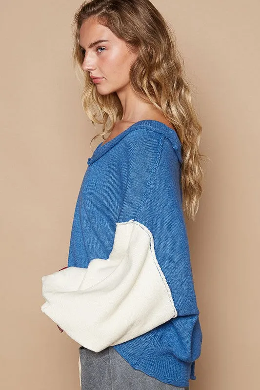 Hazel Blues® |  POL Exposed Seam Contrast V-Neck Lantern Sleeve Sweater