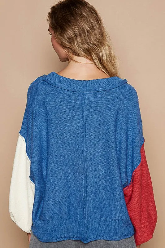 Hazel Blues® |  POL Exposed Seam Contrast V-Neck Lantern Sleeve Sweater