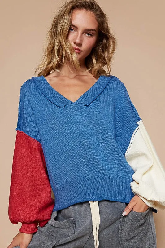 Hazel Blues® |  POL Exposed Seam Contrast V-Neck Lantern Sleeve Sweater