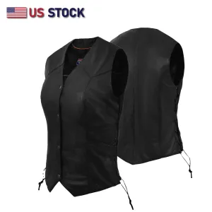 HL14501Black Women's Side Lace Leather Vest - The Classic