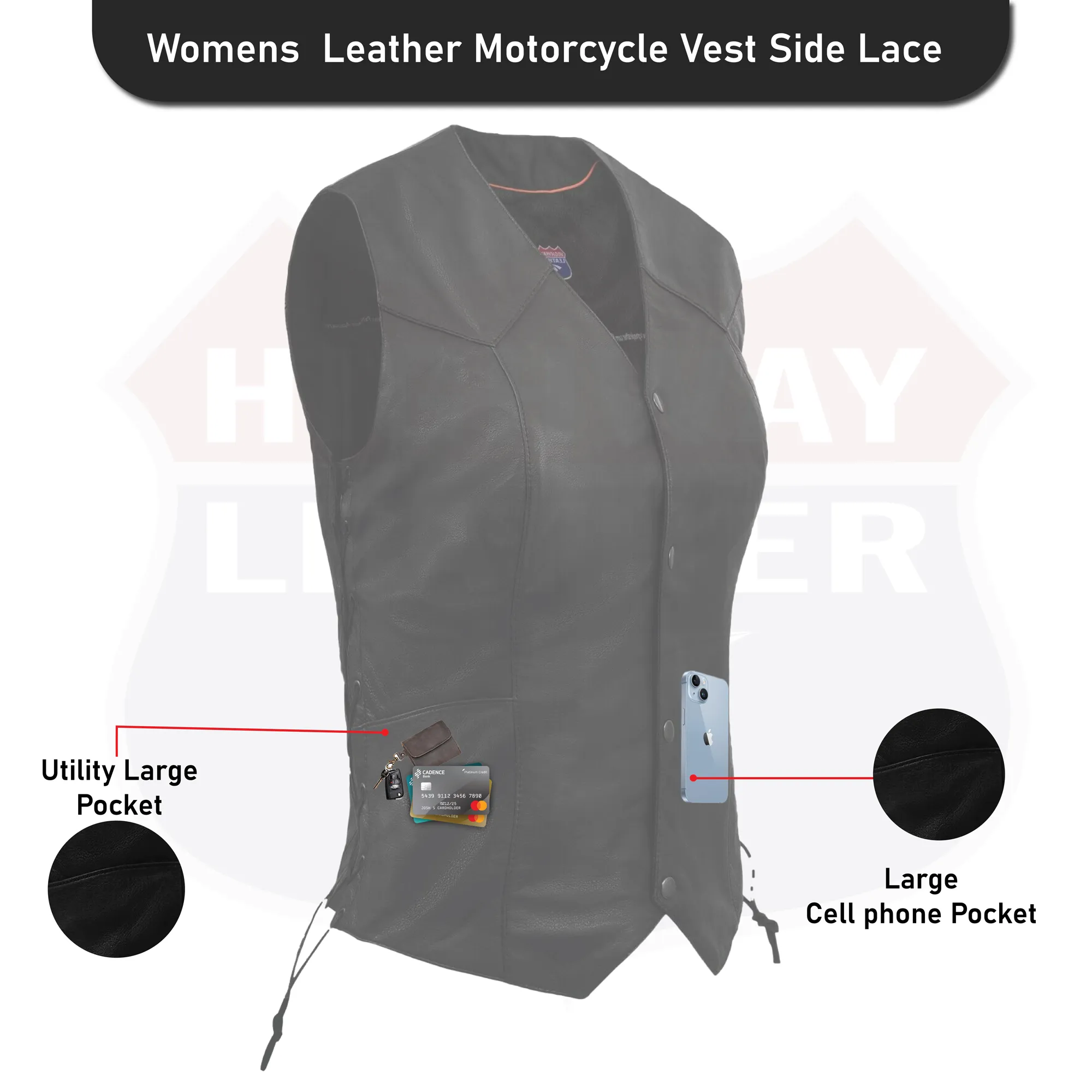 HL14501Black Women's Side Lace Leather Vest - The Classic