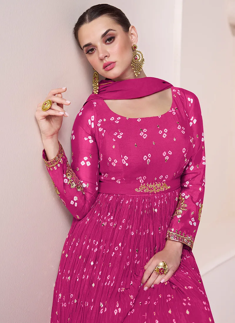 Hot Pink Embroidery Printed Wedding Anarkali Suit