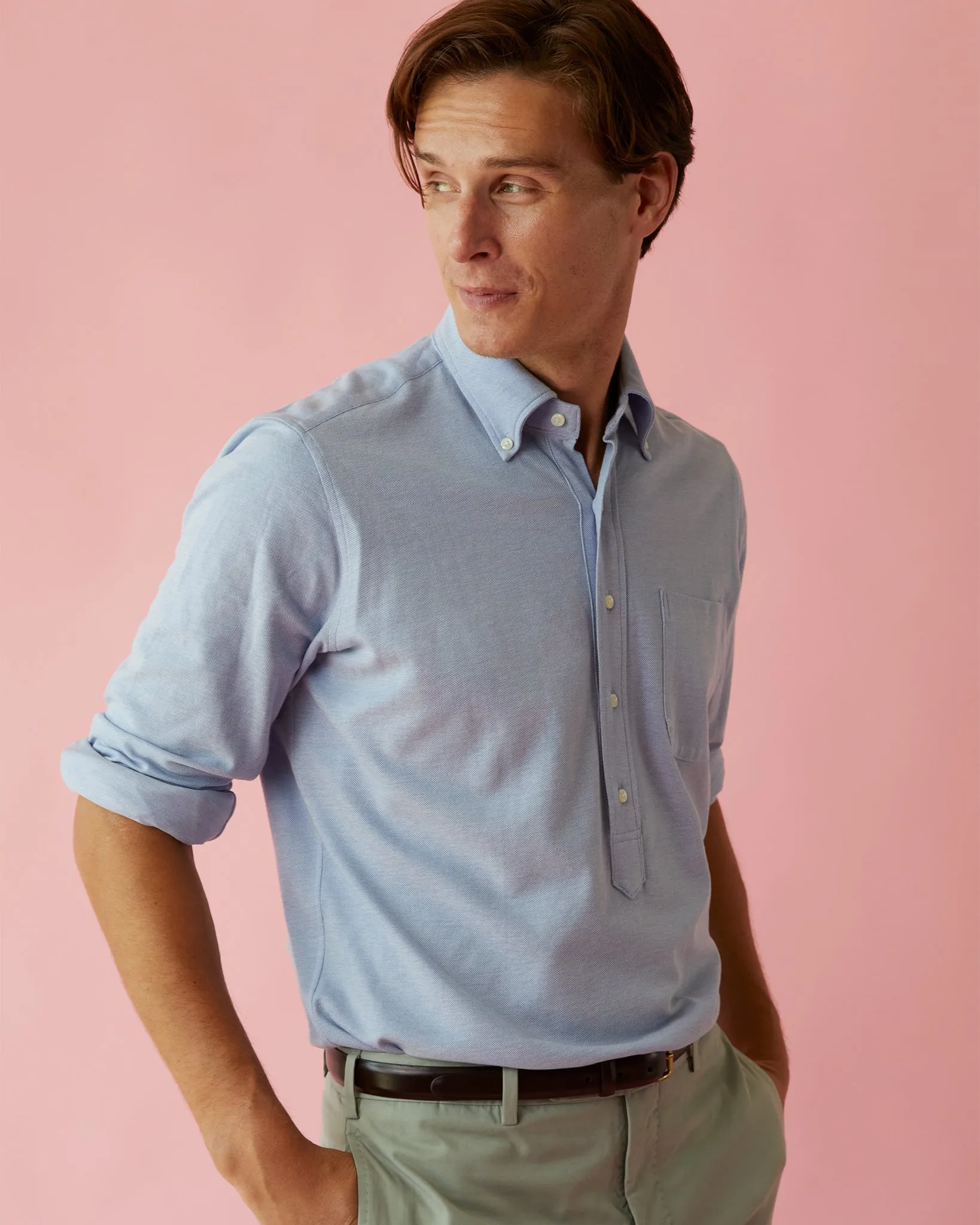 Knit Button-Down Popover Shirt in Sky Oxford Pima Pique