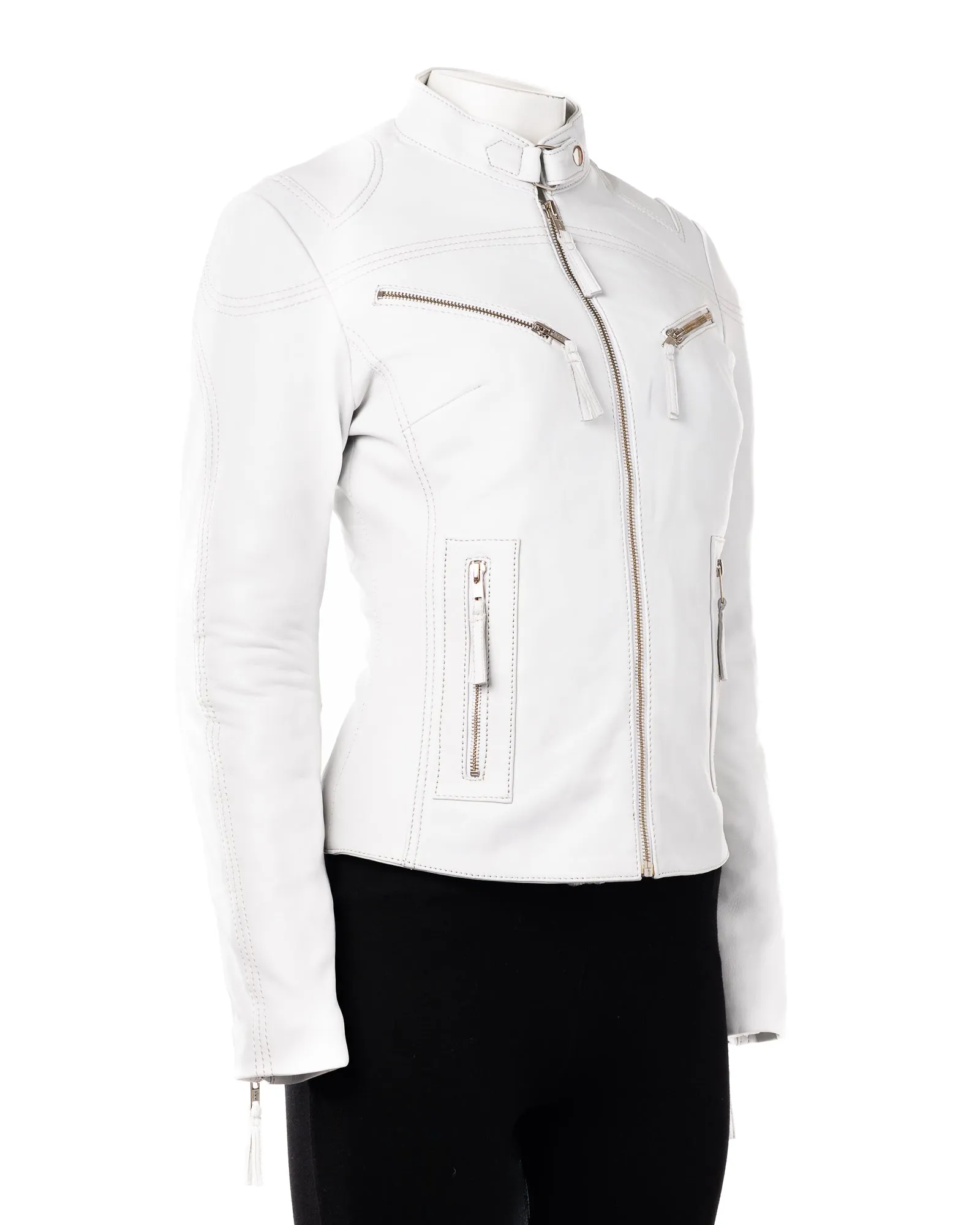 Ladies White Slim Fit Biker Style Leather Jacket: Ella