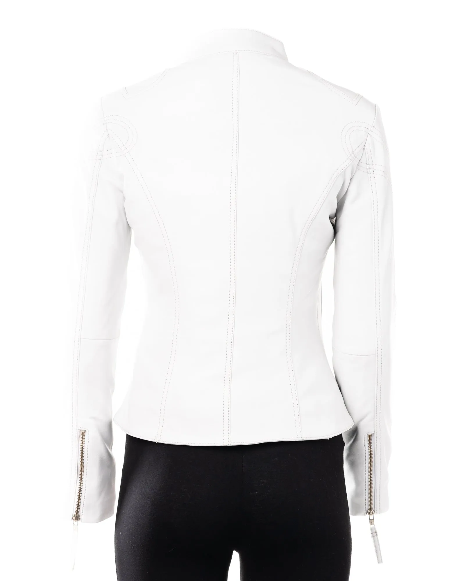 Ladies White Slim Fit Biker Style Leather Jacket: Ella