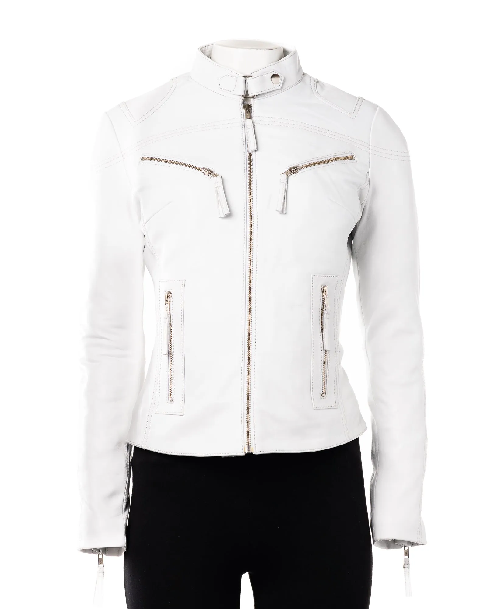 Ladies White Slim Fit Biker Style Leather Jacket: Ella