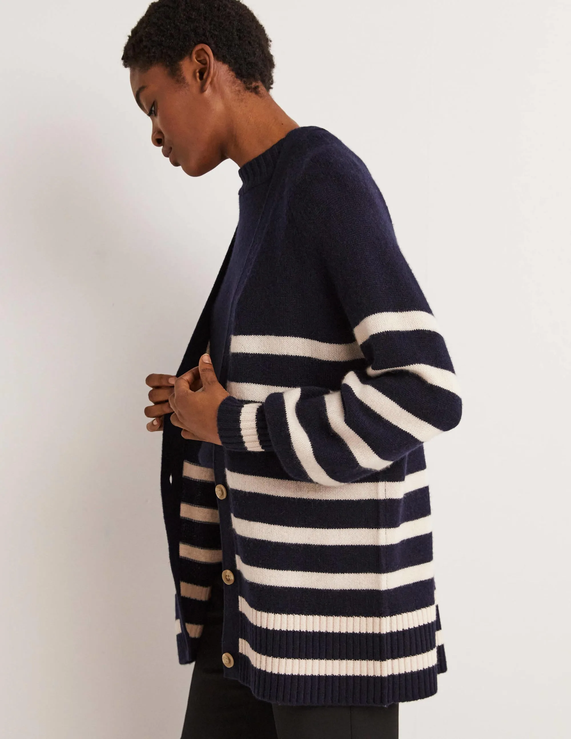 Long Cashmere Cardigan-Navy, Chinchilla Stripe