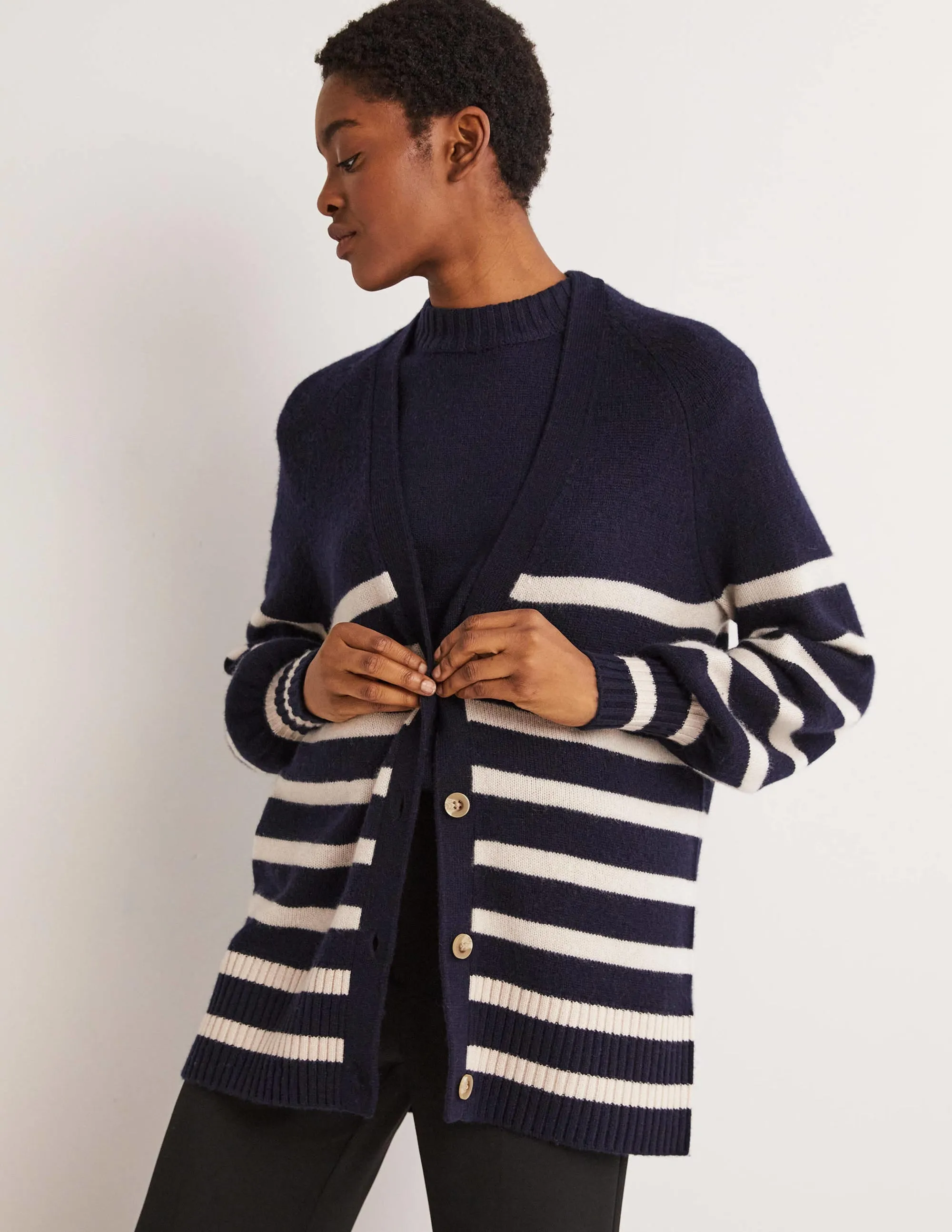 Long Cashmere Cardigan-Navy, Chinchilla Stripe