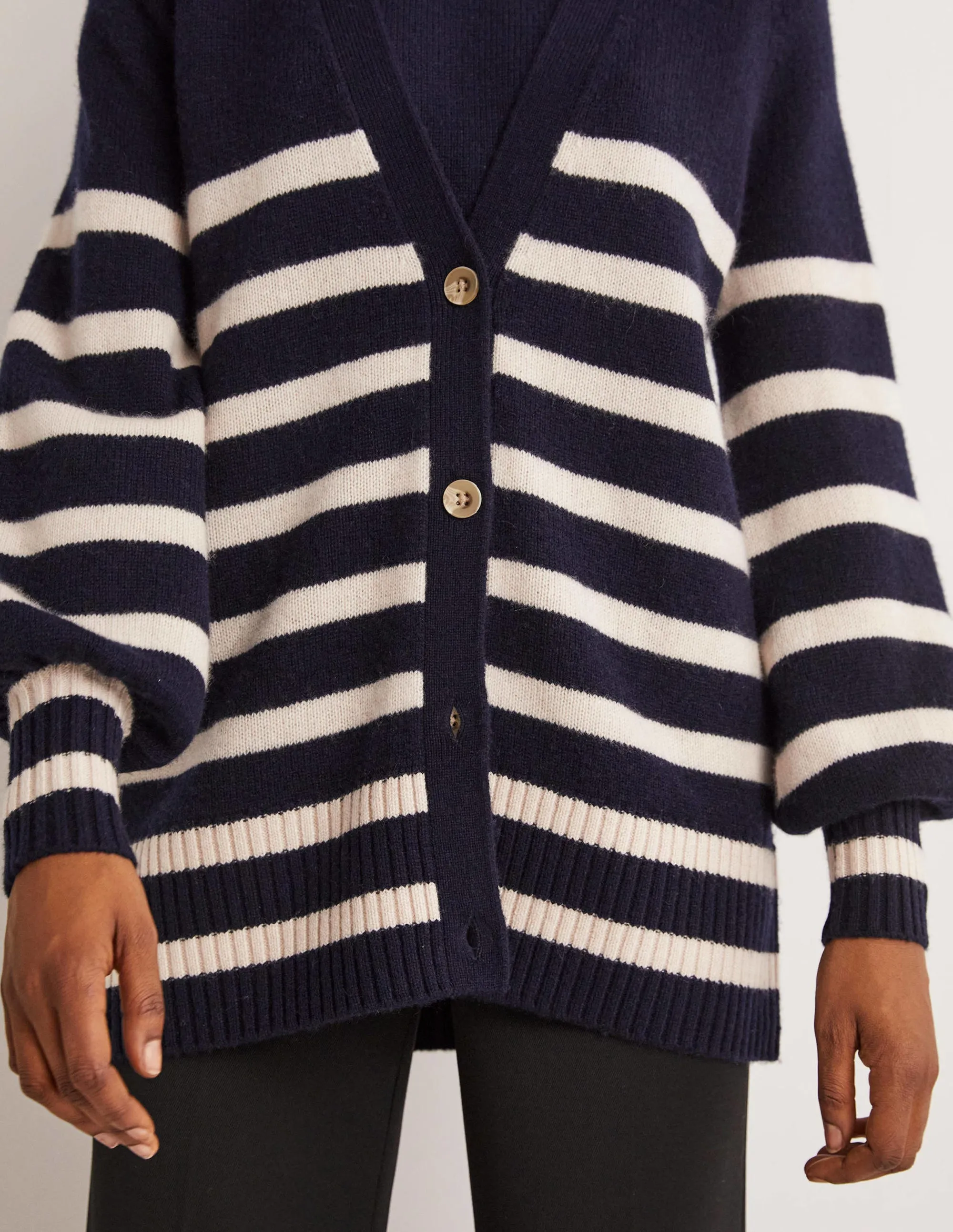 Long Cashmere Cardigan-Navy, Chinchilla Stripe