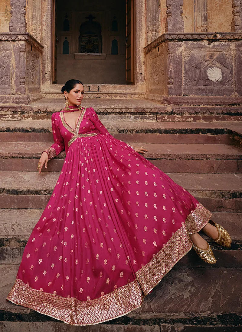 Magenta Pink Sequence Embroidery Jacquard Silk Anarkali Gown