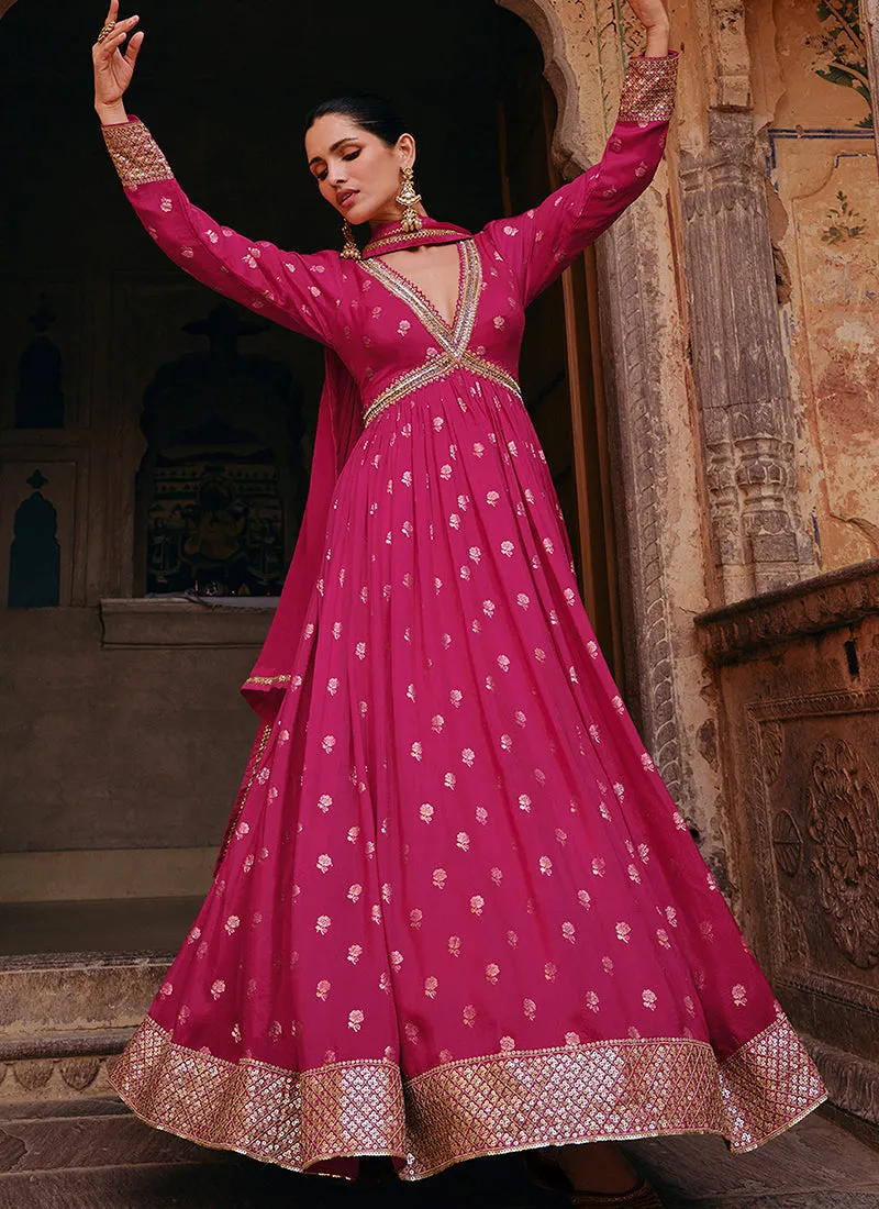 Magenta Pink Sequence Embroidery Jacquard Silk Anarkali Gown