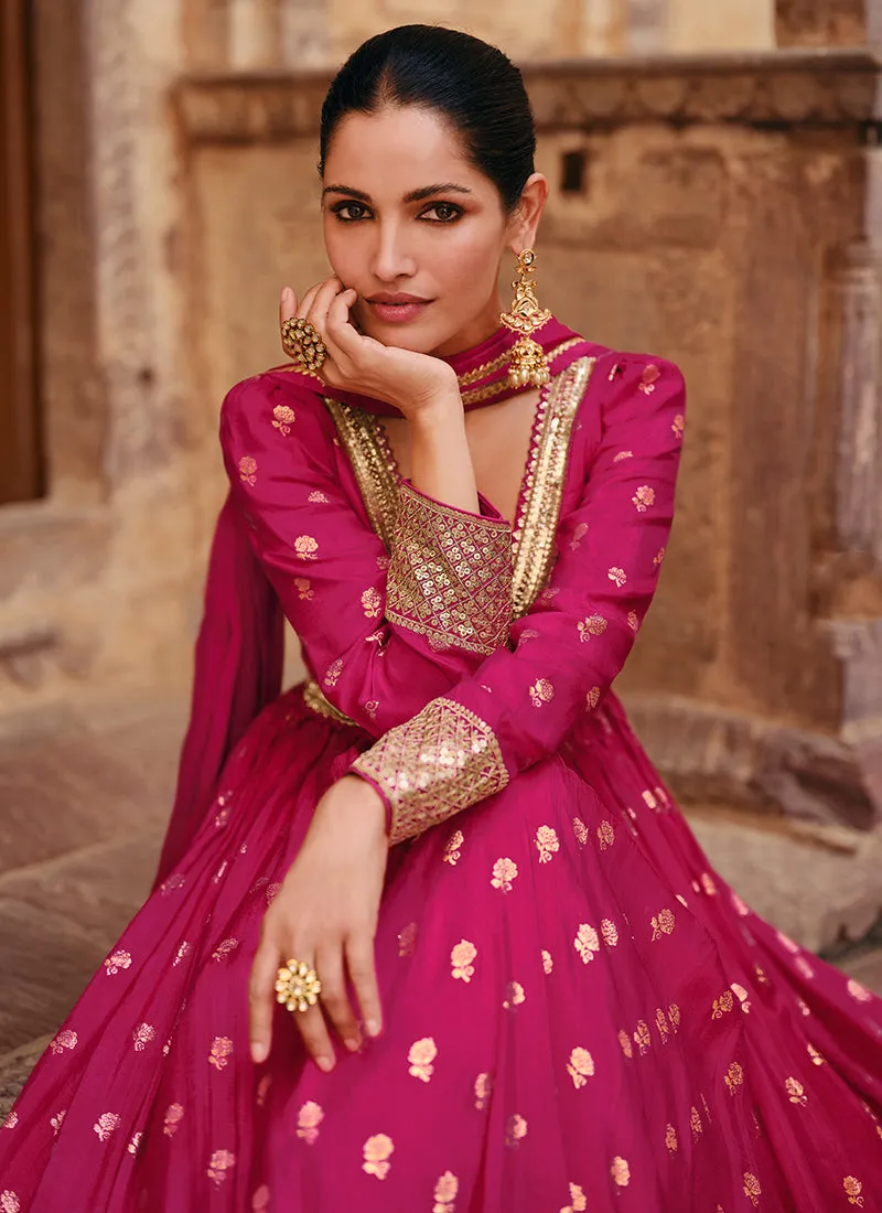 Magenta Pink Sequence Embroidery Jacquard Silk Anarkali Gown