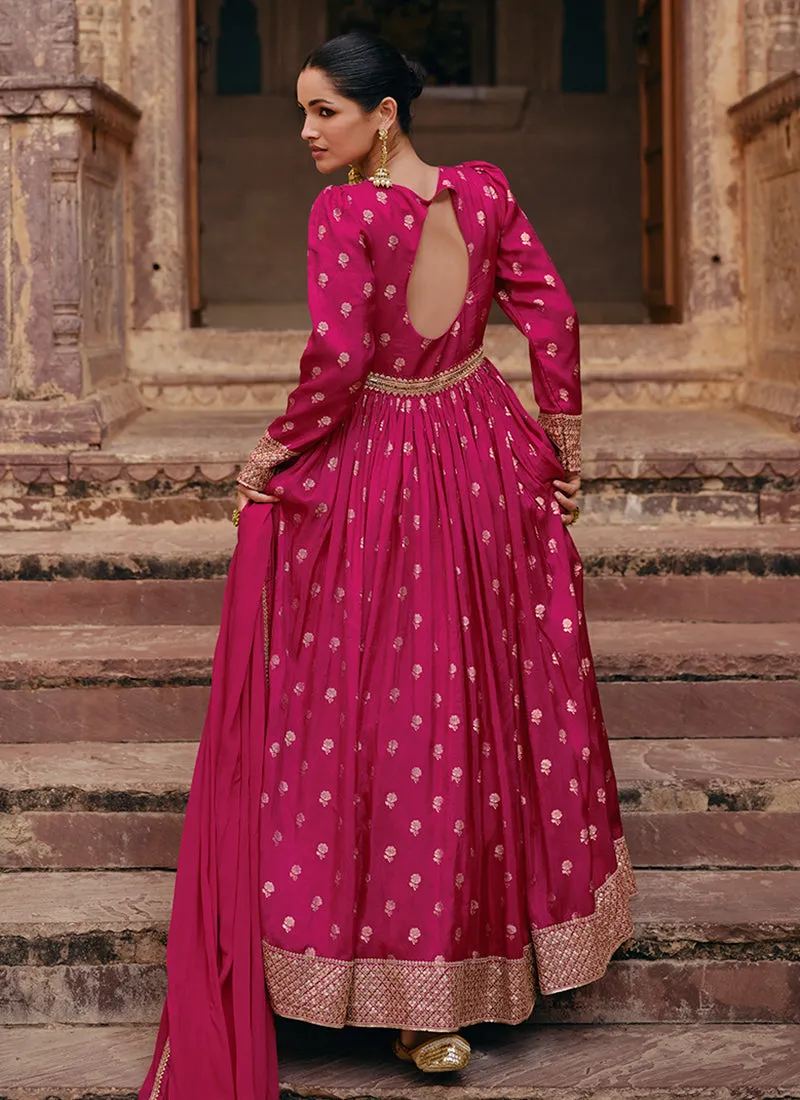 Magenta Pink Sequence Embroidery Jacquard Silk Anarkali Gown