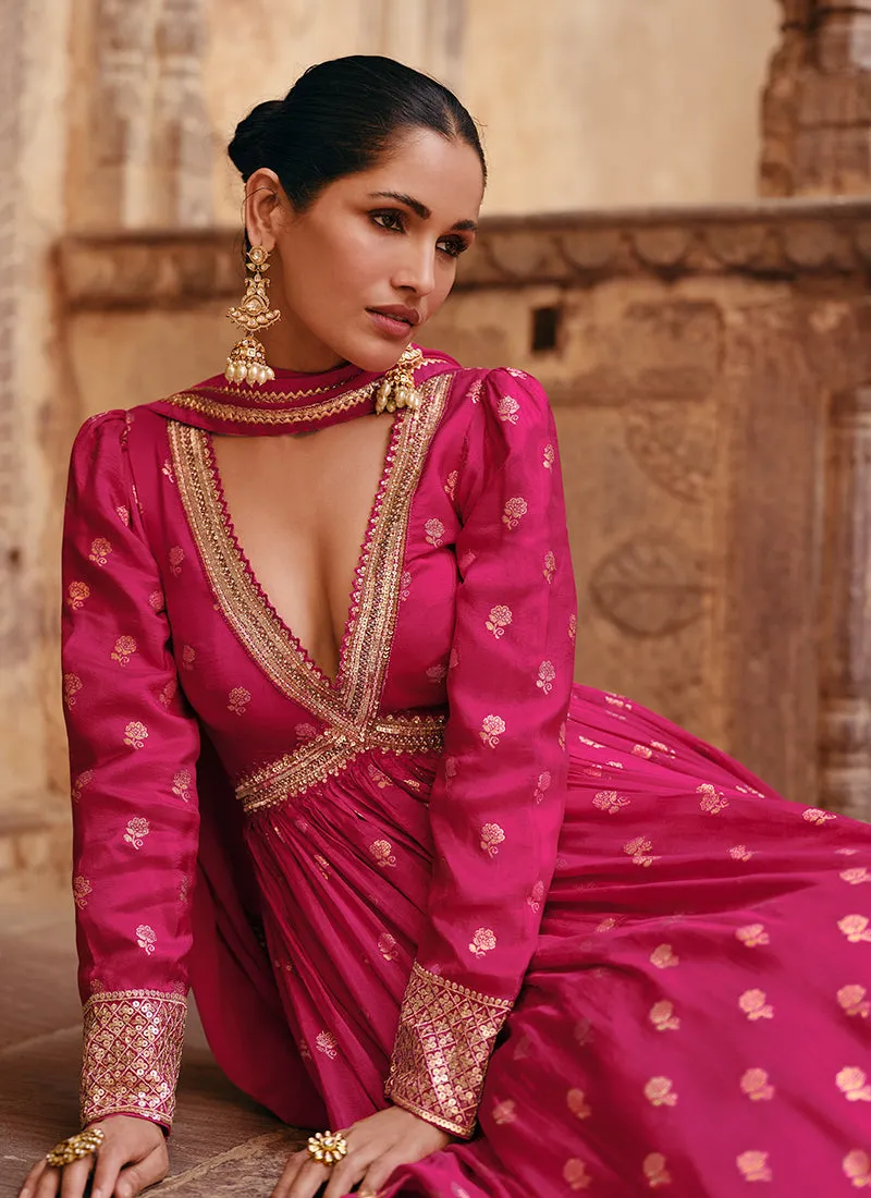 Magenta Pink Sequence Embroidery Jacquard Silk Anarkali Gown