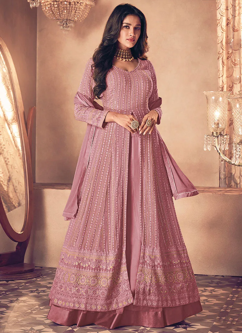 Mauve Pink Traditional Sequence Embroidered Wedding Anarkali Lehenga