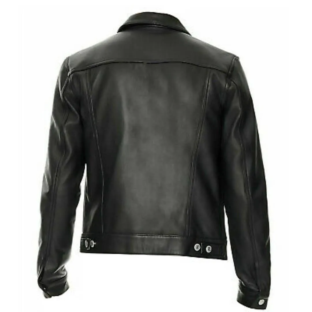 Mens Black Trucker Denim Style 100% Genuine Leather Jacket