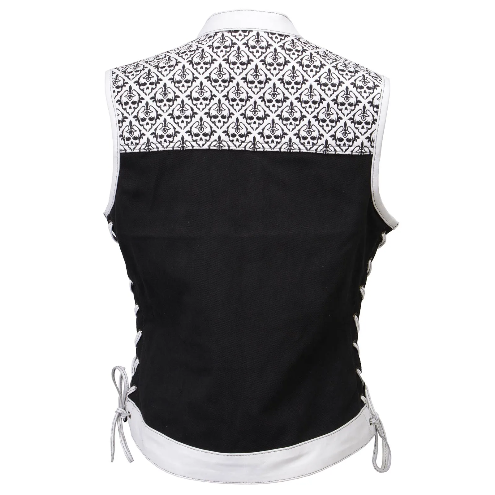 Milwaukee Leather MDL4050 Women's 'Skelly' Black with White Motorcycle Denim Vest w/ Skull Embroidery