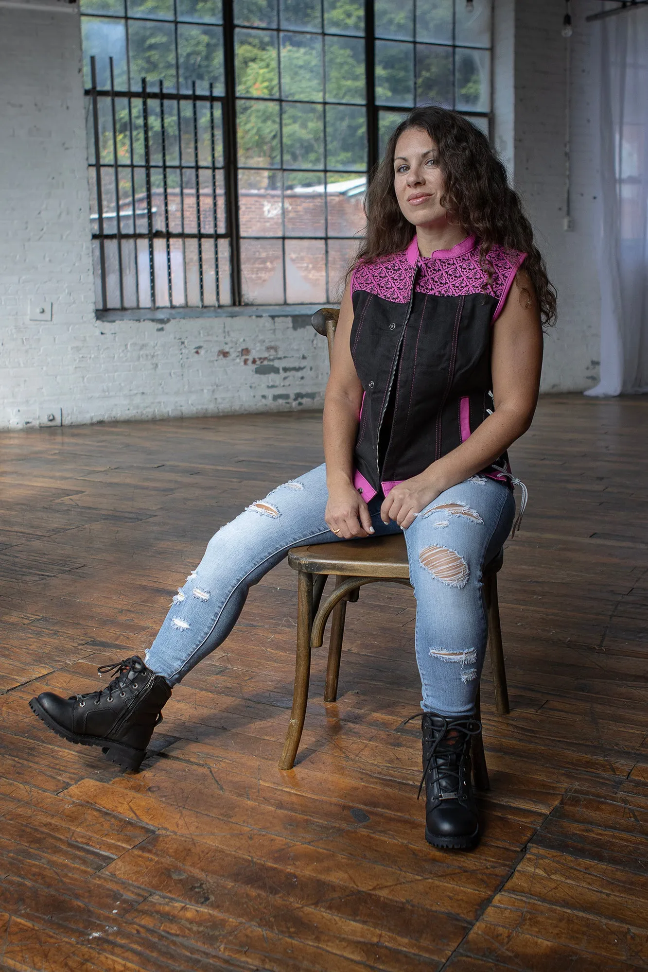 Milwaukee Leather MDL4051 Women's 'Skelly' Black with Pink Motorcycle Denim Vest w/ Skull Embroidery