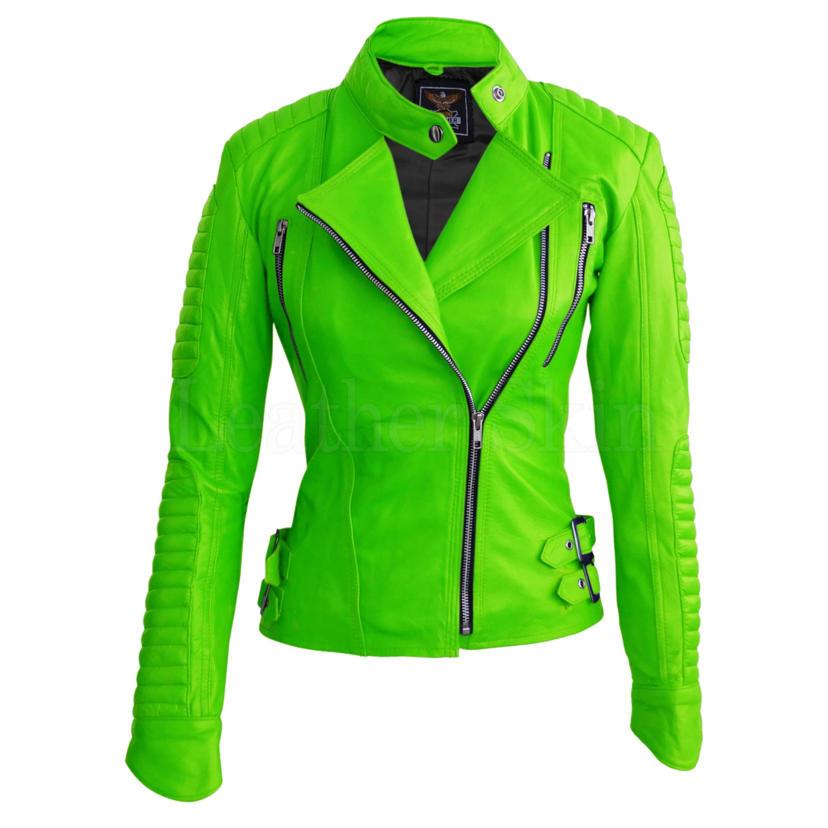 Parrot Green Brando Shoulder Padded Genuine Leather Jacket