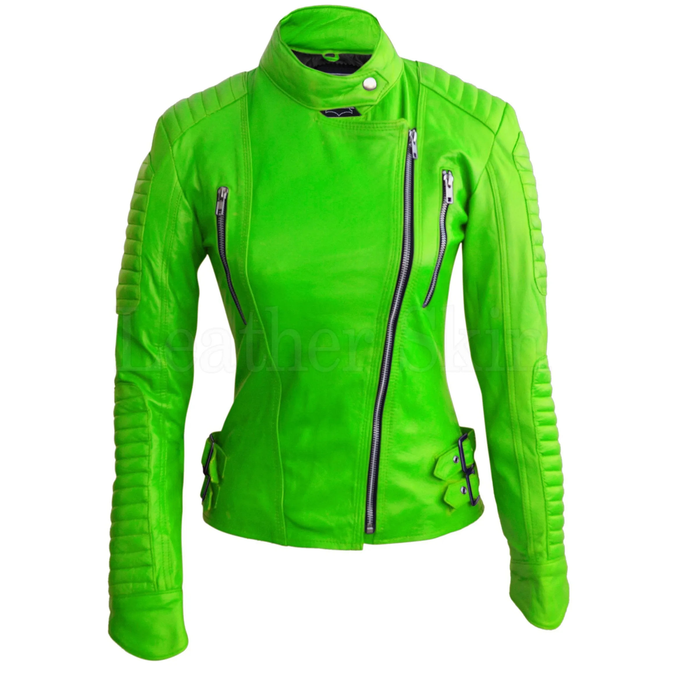 Parrot Green Brando Shoulder Padded Genuine Leather Jacket