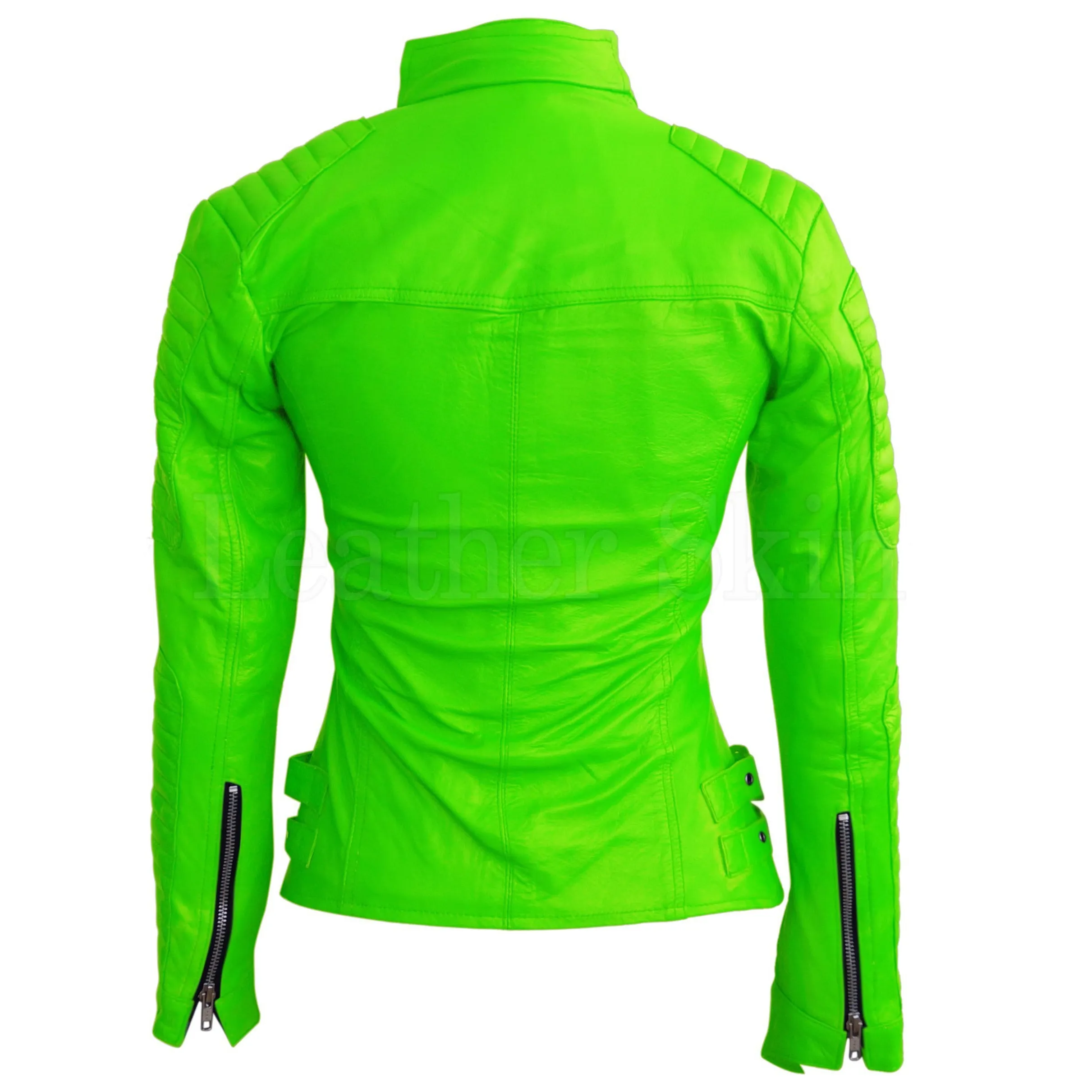 Parrot Green Brando Shoulder Padded Genuine Leather Jacket