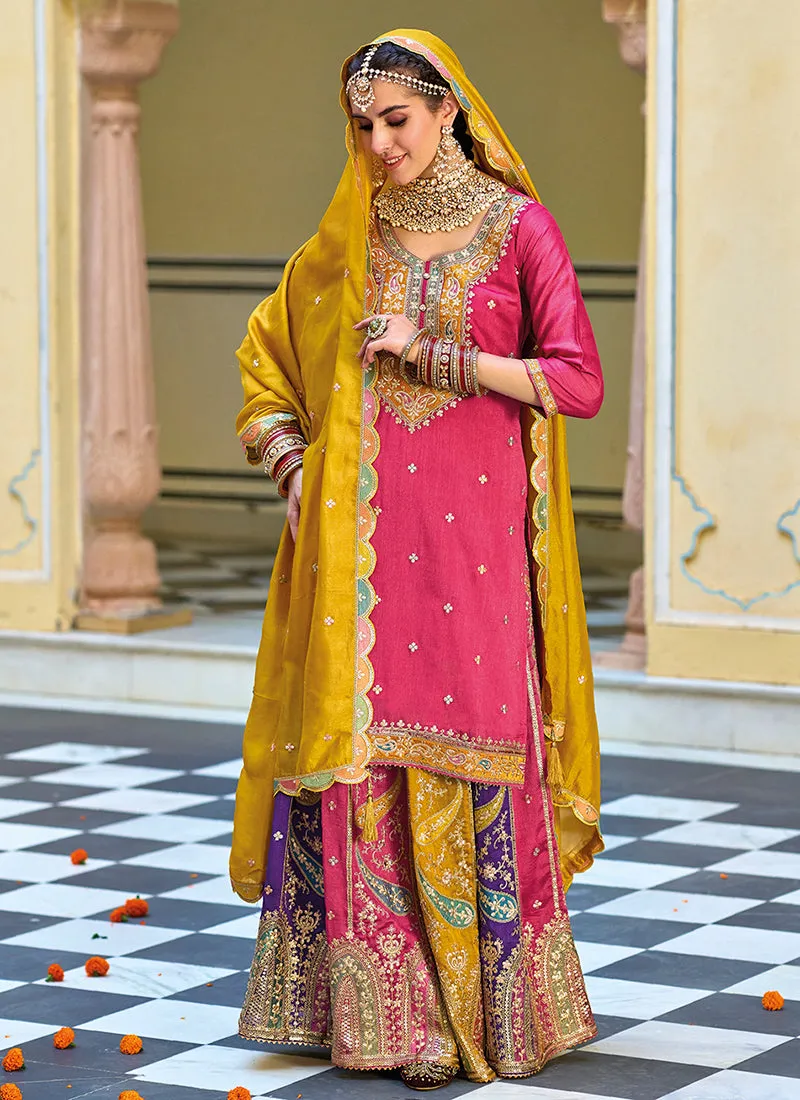 Pink And Yellow Multi Embroidery Festive Lehenga Kurti