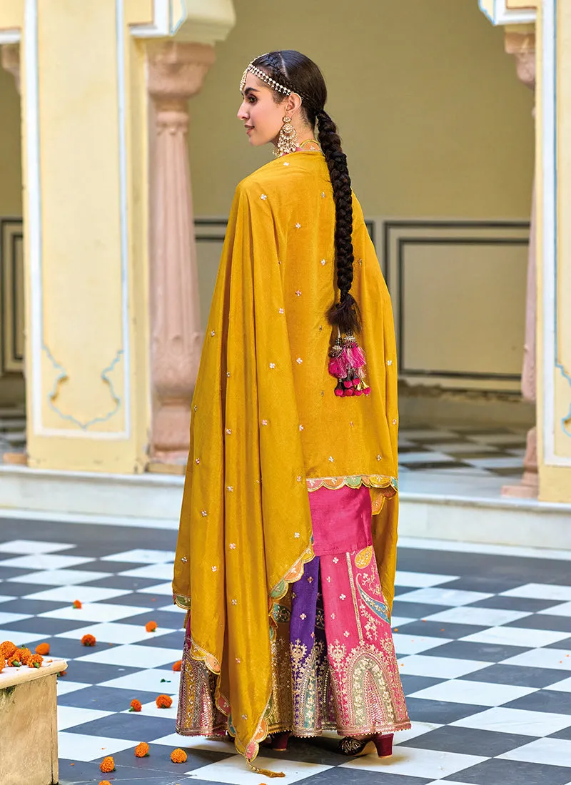 Pink And Yellow Multi Embroidery Festive Lehenga Kurti