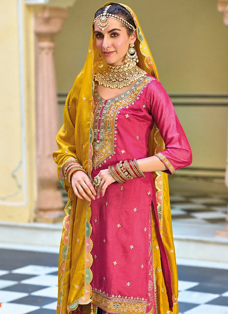 Pink And Yellow Multi Embroidery Festive Lehenga Kurti